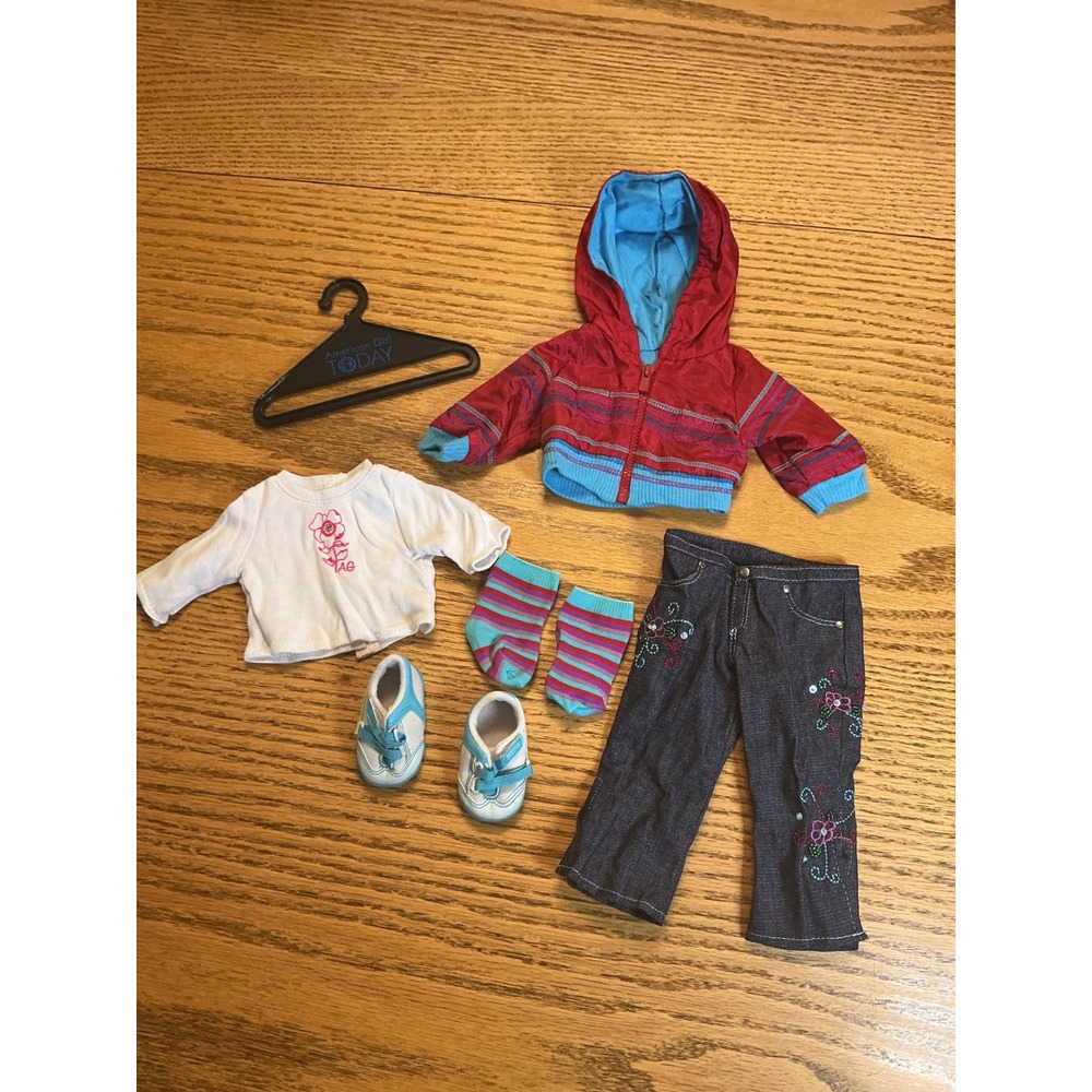 American Girl Today Ready for Fun Outfit Hoodie Jeans Shoes Hanger socks shirt